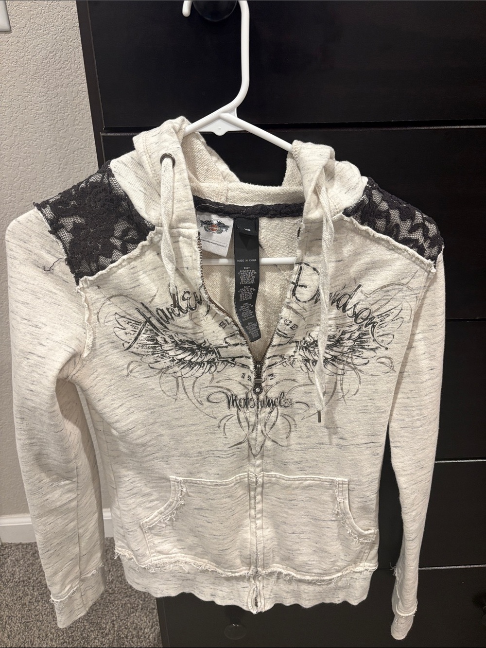Harley-Davidson Cream Zip Hoodie with Black Lace Shoulders